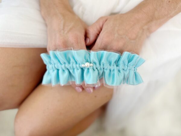 LUXE Something Blue Garter for Wedding, Blue Bridal Garter with Pearls for Bride Gift | Big Rock Bridal COUTURE for a CAUSE Collection - ROCK A SMILE - Image 3