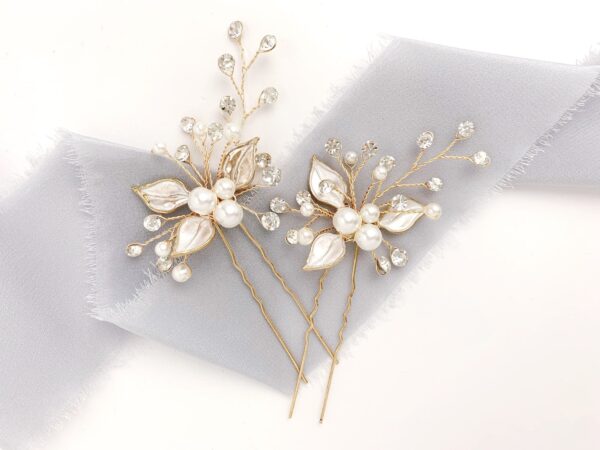 Gold Crystal and Pearl Leaf Bridal Hairpin for the Boho Bride - Image 2