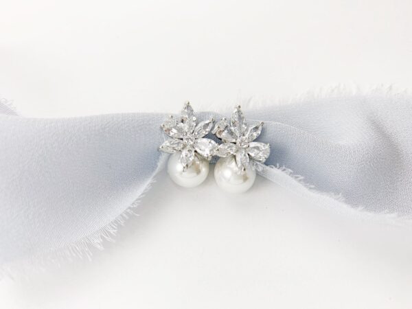 Dainty Stud Earrings, Silver and Pearl Wedding Earrings, Bridesmaid Earrings - Image 2