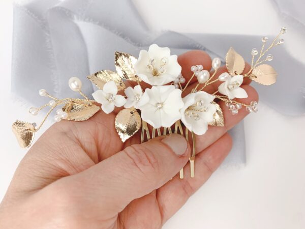 Gold Leaf and Floral Hair Comb, Wedding Hairpiece, Bridal Hairpiece - Image 4