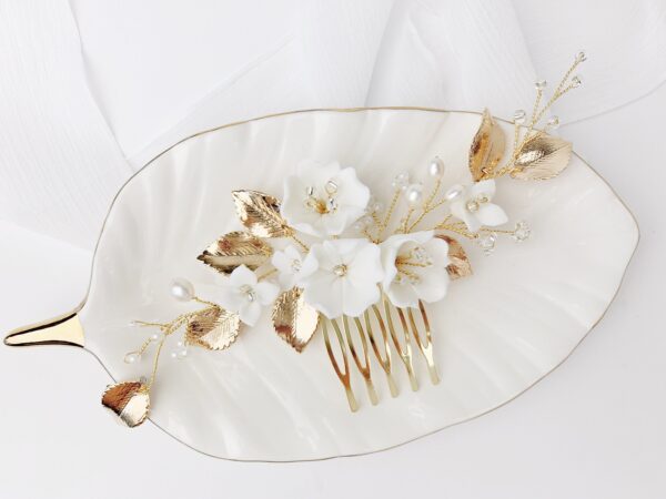 Gold Leaf and Floral Hair Comb, Wedding Hairpiece, Bridal Hairpiece