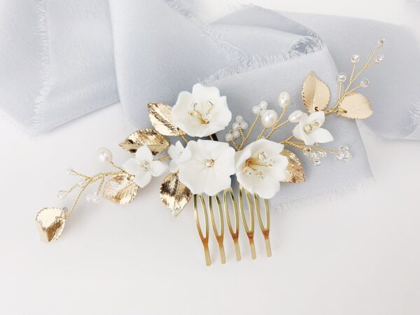 Gold Leaf and Floral Hair Comb, Wedding Hairpiece, Bridal Hairpiece - Image 3