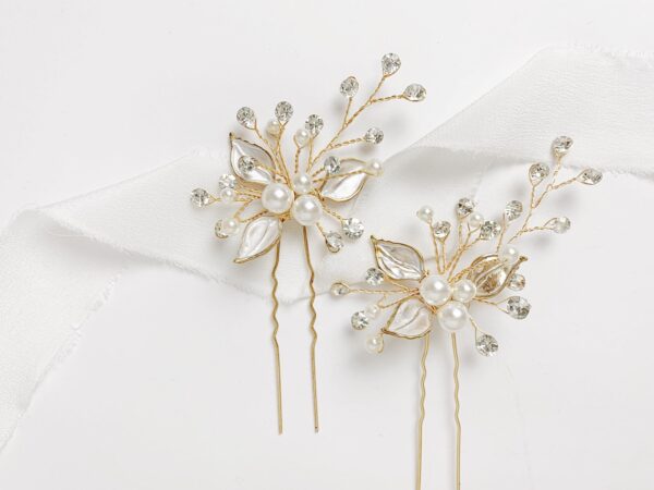 Gold Crystal and Pearl Leaf Bridal Hairpin for the Boho Bride