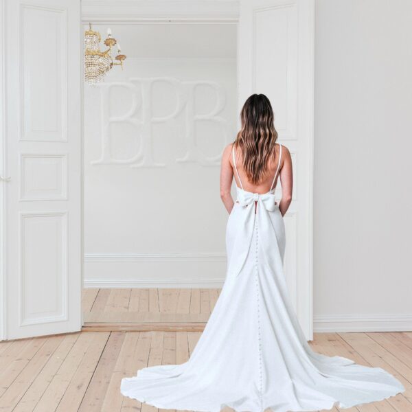 Open Back Wedding Dress, Casual Wedding Dress, Crepe Wedding Dress with Bow - Image 3