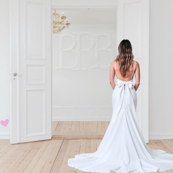 Chic Open Back Wedding Dress with Straps, Crepe Wedding Dress, Simple Wedding Dress with Bow