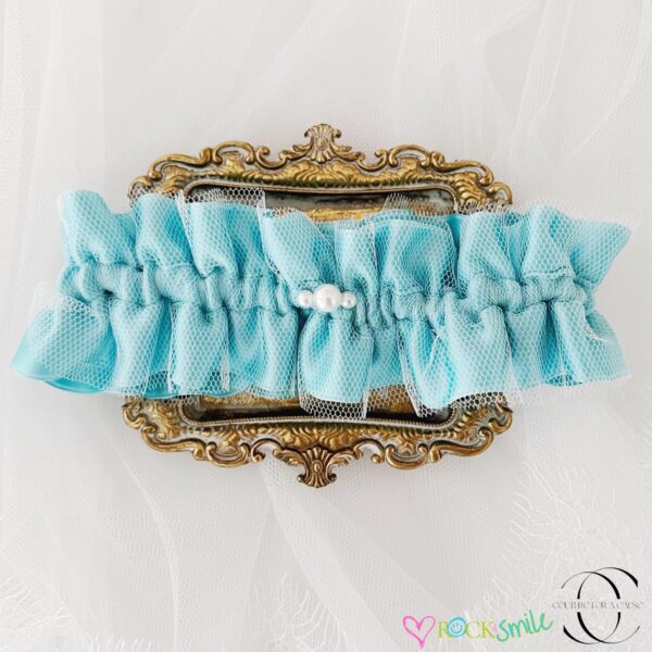 LUXE Something Blue Garter for Wedding, Blue Bridal Garter with Pearls for Bride Gift | Big Rock Bridal COUTURE for a CAUSE Collection - ROCK A SMILE - Image 4